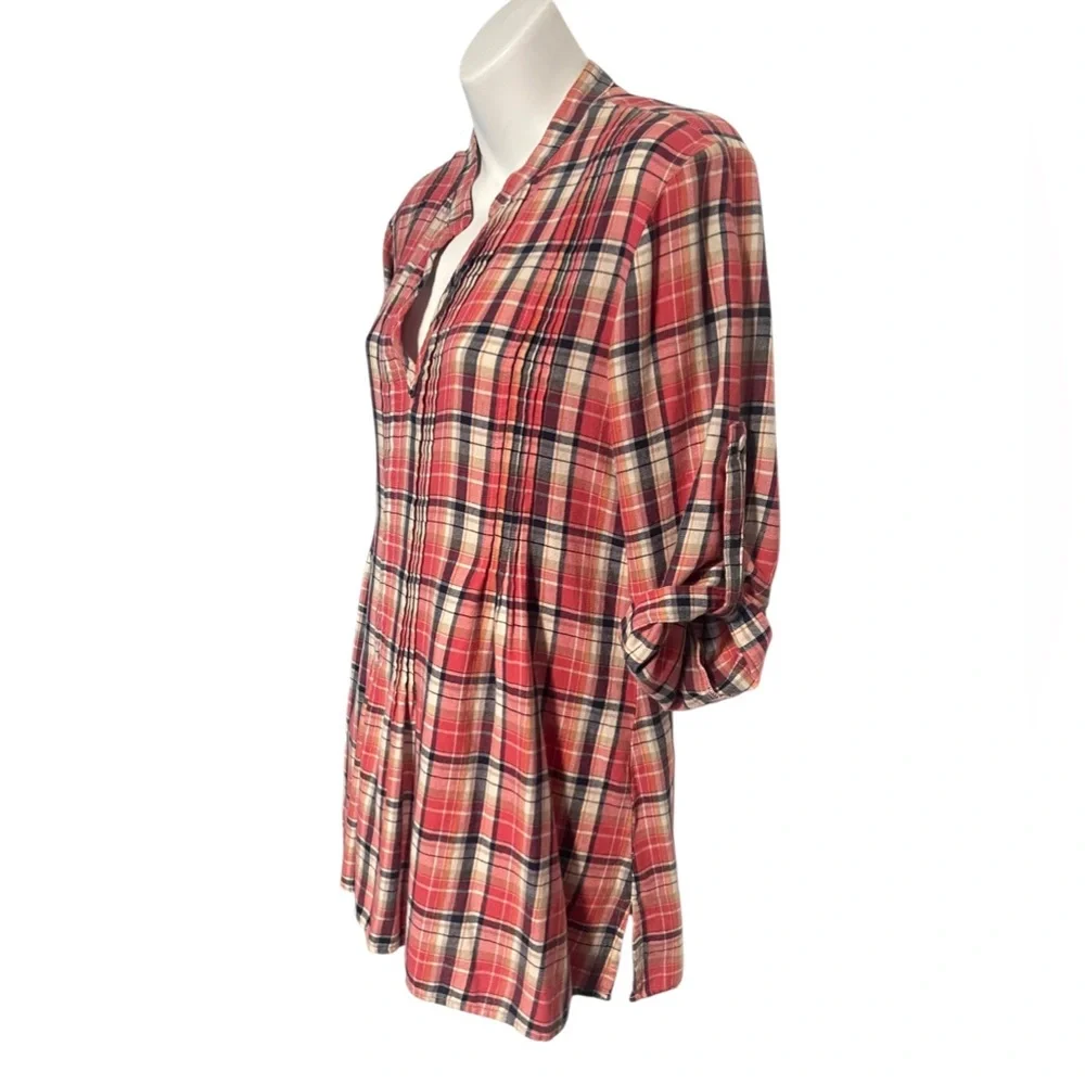 ALTAR'D STATE Plaid Tunic Pleated VNeck Cotton Top Blouse Size Small